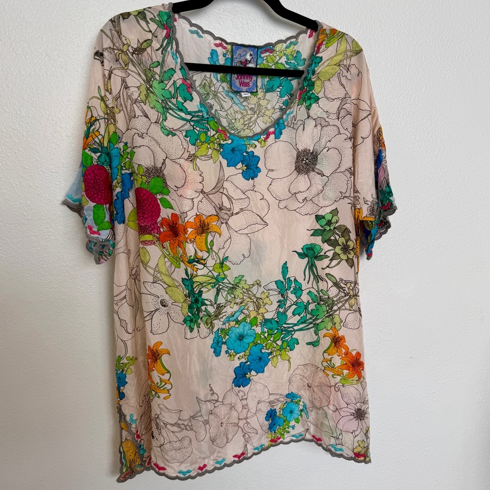 Johnny Was Sequence Halsey Top XL Cream 100% Silk Floral Scalloped Blouse Tunic - Picture 4 of 10
